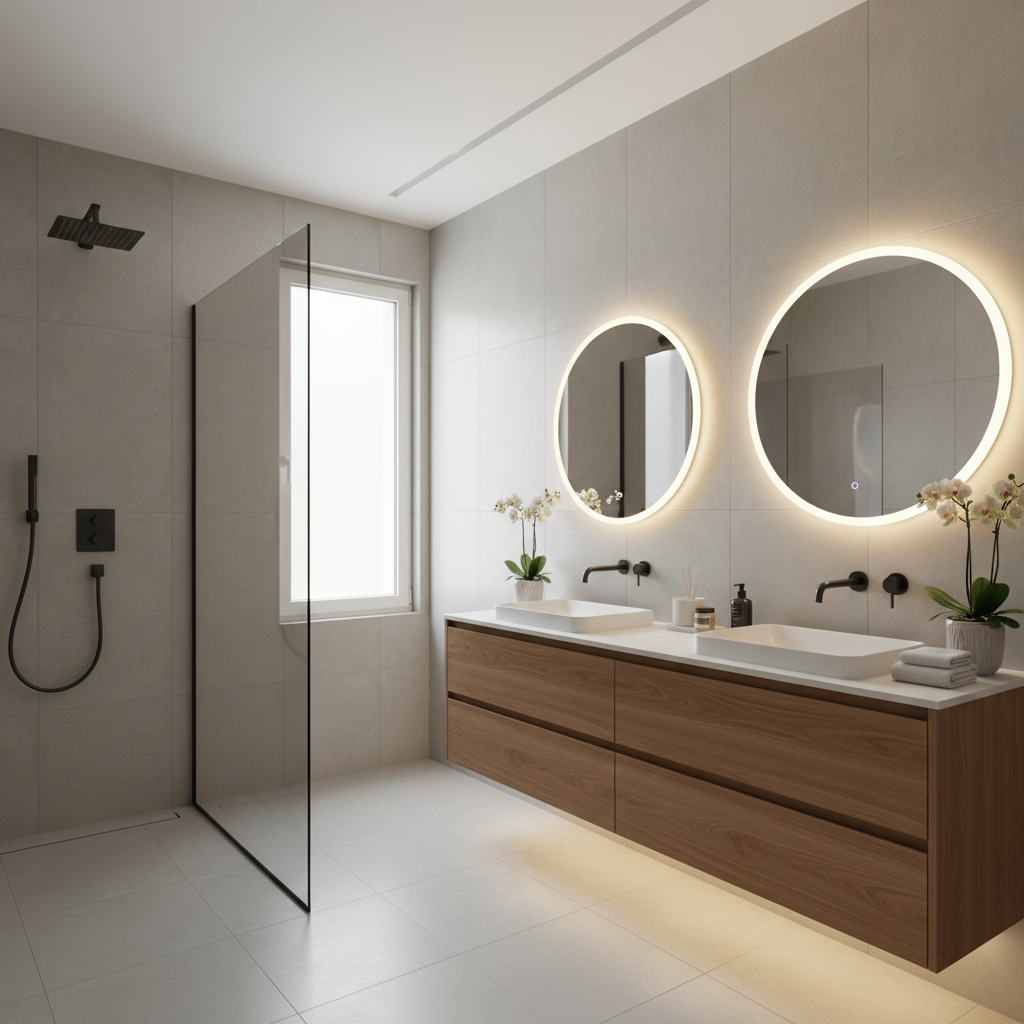 A serene, spa-inspired bathroom designed with large-format porcelain tiles in soft greige, a floating double vanity crafted from warm walnut, and a frameless circular mirror with integrated backlighting. The environment is an elegant urban residence with subtle architectural touches, such as a walk-in shower enclosed in clear glass and minimal matte black fixtures. Gentle, indirect daylight from a frosted window combines with ambient LED lighting, casting a soothing, luminous wash across the room. The atmosphere is calm and restorative, with carefully maintained cleanliness and harmony. Photographed from a wide, slightly side-on angle, the composition emphasizes symmetry, openness, and restful luxury. Rendered in photographic realism with a clean, modern style, this image demonstrates Mélanie Deliry’s ability to create accessible sanctuary spaces.