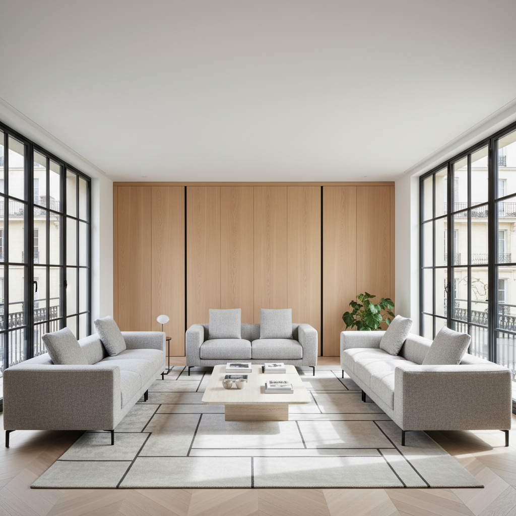 A meticulously designed contemporary living room featuring sleek built-in cabinetry of pale natural wood with matte finish, softly textured light-gray upholstery on minimalist modular sofas, and a low-profile stone coffee table. The space is set within an airy, open-plan Parisian interior, punctuated by discreet black metal accents and a large geometric area rug. Abundant diffused daylight pours in through floor-to-ceiling windows, lending gentle highlights and soft shadows. The atmosphere feels calm, welcoming, and sophisticated. Captured at eye-level with broad framing, the image highlights clean lines, symmetry, and a balanced composition, conveying a professional and accessible approach to modern interior architecture. Executed in photographic realism with a neutral, harmonious color palette that complements the warm, inviting mood.