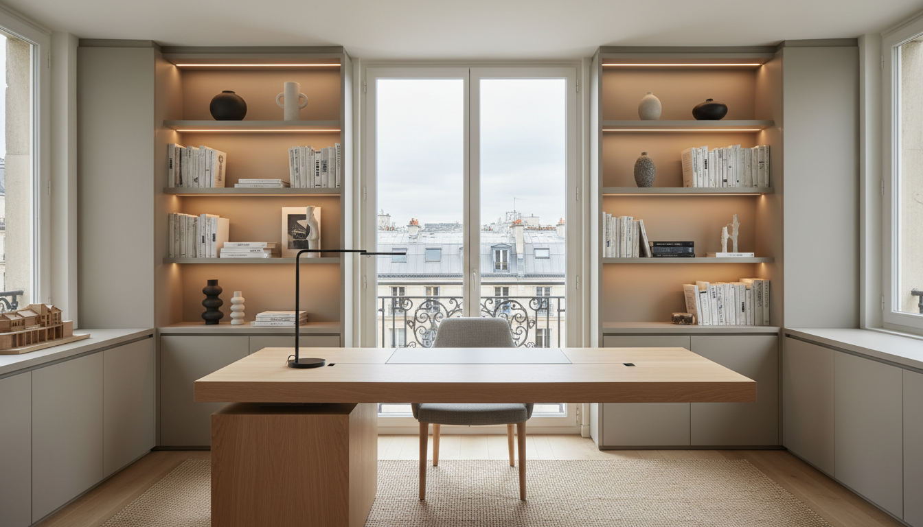A sophisticated home office featuring a custom-built floating desk in light oak veneer with crisp, chamfered edges, and minimalist modular storage solutions in soft taupe. The space is framed by expansive windows overlooking a Parisian cityscape, where gentle overcast daylight brings out the subtle texture of matte paint and natural fibers. Architectural detailing includes integrated LED strip lighting within shelving, adding ambient glow and structural definition. The overall mood is productive yet tranquil, exuding clarity and purpose. The composition is carefully balanced with the desk as the focal point and intentional negative space around, utilizing an eye-level perspective and sharp focus throughout for a photographic, editorial finish. This image reflects a harmonious blend of practical function and inviting modern design.