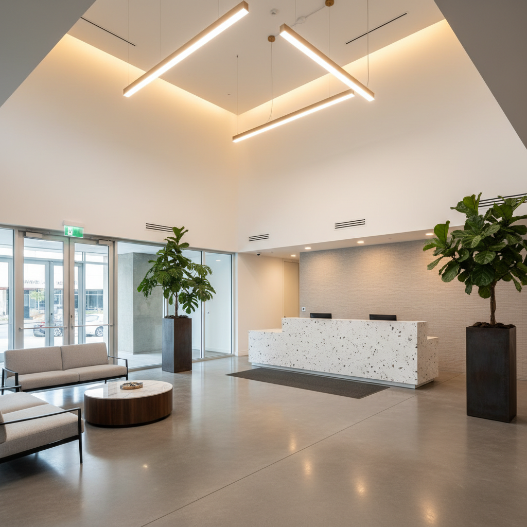 An elegantly refurbished commercial office lobby characterized by a dramatic double-height ceiling, smooth polished concrete flooring, and a reception desk clad in white terrazzo with delicate stone flecks. Tall planters with sculptural green foliage flank the entrance, while a neutral-toned feature wall with subtle textural relief anchors the design. Warm indirect lighting emanates from recessed fixtures, softly illuminating the architectural contours. The mood is confident and poised, blending corporate refinement with inviting warmth. The composition employs a slightly elevated, wide-angle perspective, allowing for an uncluttered view of the structured spatial layout and harmonious balance. Emphasizing photographic realism in a clean, contemporary style, this image encapsulates a professional environment tailored to discerning businesses seeking interior expertise.